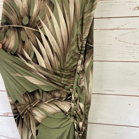 Windsor M Green Tropical Palm Leaf Floral Side Tie Ruched Fitted Maxi Dress - Picture 3 of 7